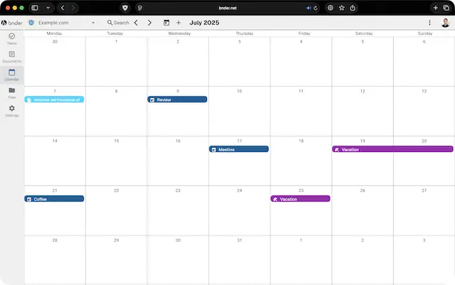 Screenshot showing the month view of the calendar.